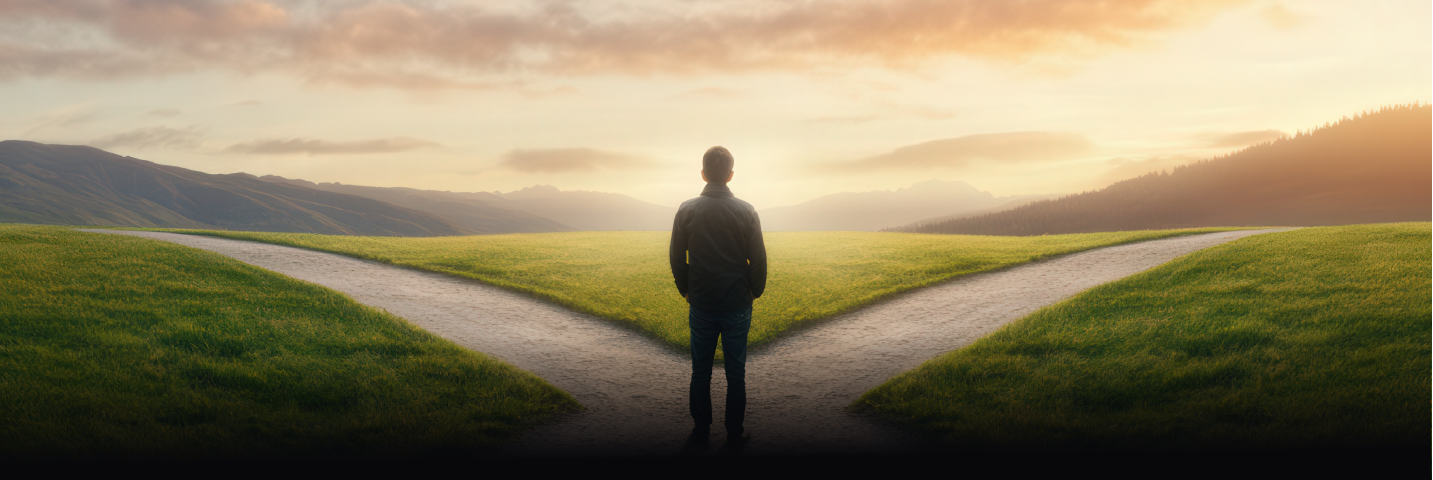 A person standing at a fork in the road, symbolizing choice.